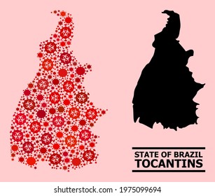Vector covid-2019 mosaic map of Tocantins State constructed for hospital projects. Red mosaic map of Tocantins State is made from biological hazard covid-2019 infection icons.