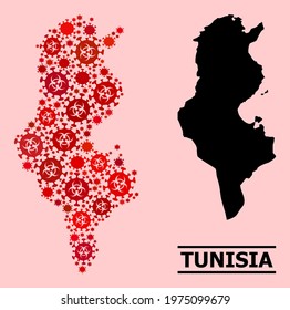 Vector covid-2019 mosaic map of Tunisia constructed for lockdown illustrations. Red mosaic map of Tunisia is composed from biological hazard coronavirus infection cells.