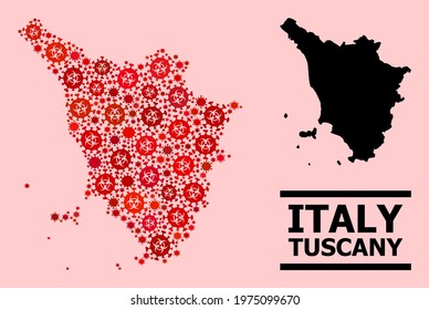 Vector covid-2019 mosaic map of Tuscany region designed for clinic illustrations. Red mosaic map of Tuscany region is composed from biohazard covid viral icons.