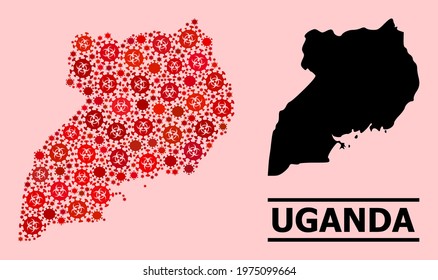 Vector Covid-2019 Mosaic Map Of Uganda Done For Lockdown Projects. Red Mosaic Map Of Uganda Is Composed Of Biological Hazard Covid Viral Elements.