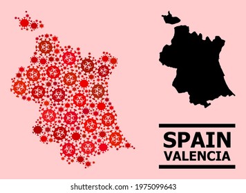 Vector covid-2019 mosaic map of Valencia Province done for vaccination projects. Red mosaic map of Valencia Province is shaped from biological hazard covid-2019 infection parts.