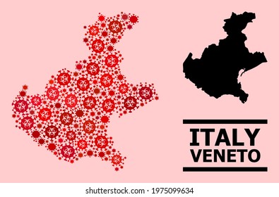 Vector covid-2019 mosaic map of Veneto region designed for health care applications. Red mosaic map of Veneto region is designed with biological hazard flu viral elements.