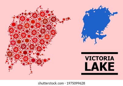 Vector covid-2019 mosaic map of Victoria Lake organized for health care posters. Red mosaic map of Victoria Lake is constructed of biological hazard covid-2019 pathogen parts.