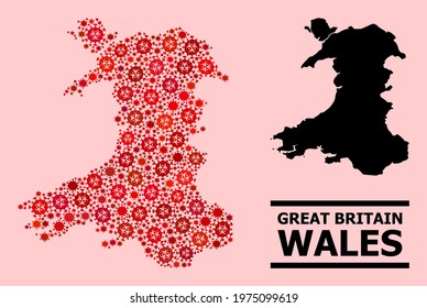 Vector covid-2019 mosaic map of Wales organized for doctor projects. Red mosaic map of Wales is designed from biological hazard covid-2019 pathogen cells.