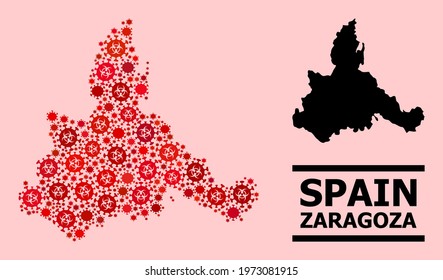 Vector covid-2019 mosaic map of Zaragoza Province created for pandemic advertisement. Red mosaic map of Zaragoza Province is organized from biological hazard covid-2019 infection cells.