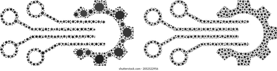 Vector covid-2019 mosaic mechanic sensor constructed for hospital projects. Mosaic mechanic sensor is based on icon and it is organized of biological hazard covid-2019 pathogen parts.