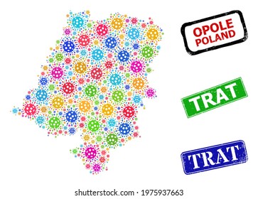 Vector Covid-2019 mosaic Opole Voivodeship map, and grunge Trat seals. Vector colorful Opole Voivodeship map mosaic, and Trat textured framed rectangle stamp seals.