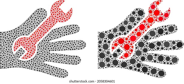 Vector covid-2019 mosaic repair service hand done for clinic applications. Mosaic repair service hand is based on icon and it is formed from biological hazard covid-2019 viral cells.