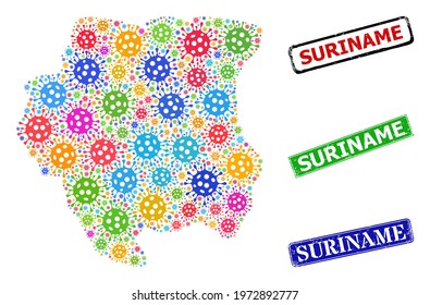 Vector Covid-2019 mosaic Suriname map, and grunge Suriname seal stamps. Vector multi-colored Suriname map collage, and Suriname textured framed rectangle seals.