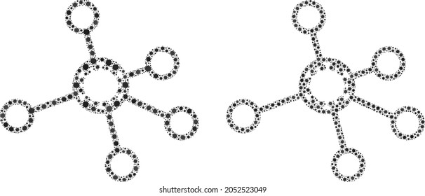 Vector covid-2019 mosaic virus nodes constructed for pharmacy purposes. Mosaic virus nodes is based on icon and it is designed with biohazard covid-2019 pathogen elements.