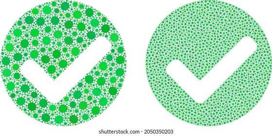 Vector covid-2019 mosaic yes mark created for pandemic wallpapers. Mosaic yes mark is based on icon and it is shaped of biological hazard covid viral items. Mosaic yes mark created of cell icons.