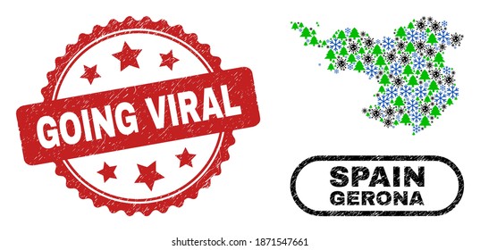 Vector Covid-2019 New Year collage Gerona Province map and Going Viral dirty seal. Going Viral seal uses rosette shape and red color. Mosaic Gerona Province map is organized with random flu virus,