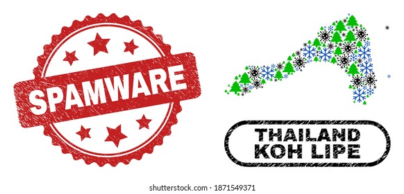 Vector Covid-2019 New Year collage Koh Lipe map and Spamware textured watermark. Spamware imprint uses rosette shape and red color. Collage Koh Lipe map is formed of random Covid-2019, snowflake,