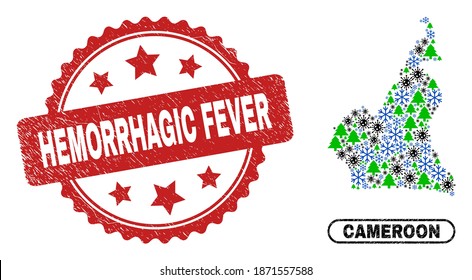 Mapa del camerunés del collage del vector Covid-2019 y sello de sellado corroído por fiebre hemorrágica. El sello de la Fiebre hemorrágica usa forma de rosette y color rojo.