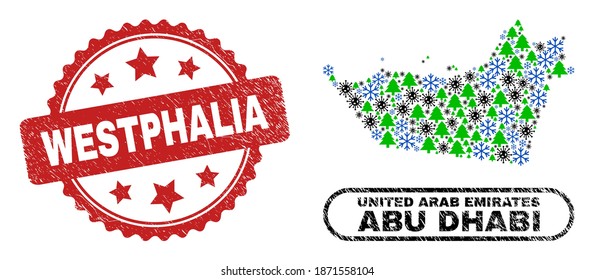 Vector Covid-2019 Neujahr Collage Abu Dhabi Emirat Karte und Westfalen schmutzigen Siegel. Die Westfalen Stempelrobbe verwendet Rosette-Form und rote Farbe.