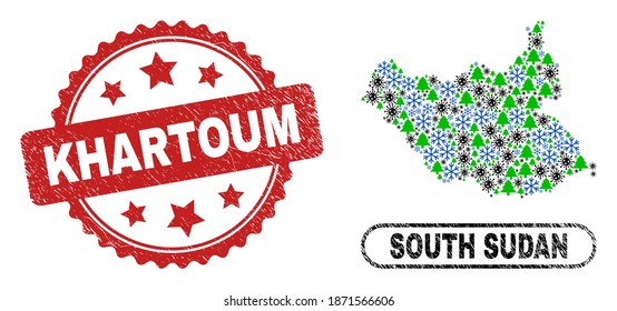Vector Covid-2019 Neujahr Collage Südsudan Karte und Khartum Gummistempel Druck. Khartoum Stempel verwendet Rosette Form und rote Farbe. Mosaik-Südsudan-Karte besteht aus dem zufälligen Covid-2019-Virus,