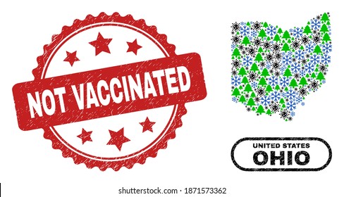 Vector Covid-2019 New Year collage Ohio State map and Not Vaccinated scratched stamp imitation. Not Vaccinated seal uses rosette shape and red color.
