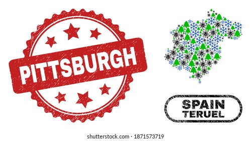 Vector Covid-2019 New Year collage Teruel Province map and Pittsburgh grunge stamp seal. Pittsburgh seal uses rosette shape and red color. Mosaic Teruel Province map is created from random Covid,