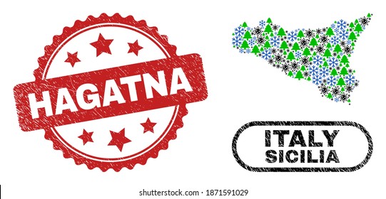 Vector Covid-2019 Neujahr Collage Sicilia Karte und Hagatna korrodierte Robbe. Hagatna Wasserzeichen verwendet Rosette Form und rote Farbe. Collage Sicilia Karte ist mit randomisiertem Covid-2019, Schneeflocken,