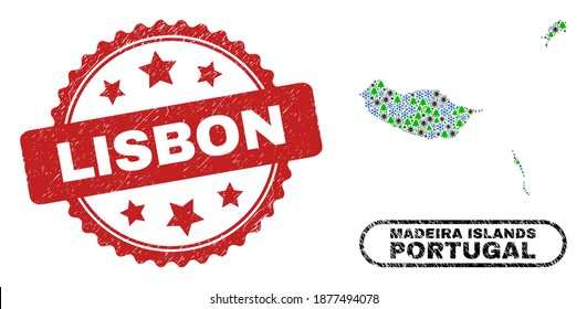 Vector Covid-2019 New Year collage Madeira Islands map and Lisbon scratched seal. Lisbon stamp seal uses rosette shape and red color. Collage Madeira Islands map is created from scattered coronavirus,