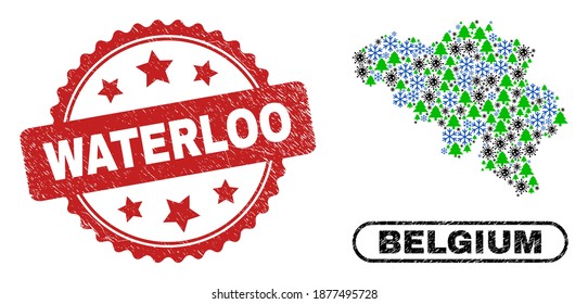 Vector Covid-2019 New Year collage Belgium map and Waterloo unclean stamp seal. Waterloo seal uses rosette shape and red color. Mosaic Belgium map is created of scattered covid- 2019 virus,