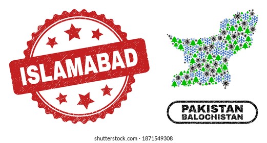 Vector Covid-2019 New Year combination Balochistan Province map and Islamabad grunge stamp. Islamabad imprint uses rosette shape and red color.