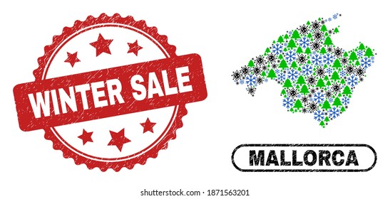 Vector Covid-2019 New Year combination Mallorca map and Winter Sale dirty stamp. Winter Sale stamp seal uses rosette shape and red color. Collage Mallorca map is done with scattered Covid-2019, snow,