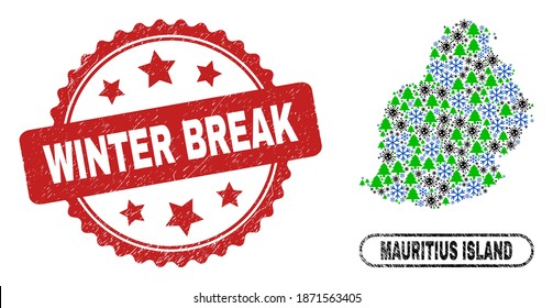 Vector Covid-2019, combinación de Año Nuevo, mapa de Isla Mauricio y sello sucio de invierno. El sello Winter Break utiliza la forma rosette y el color rojo.