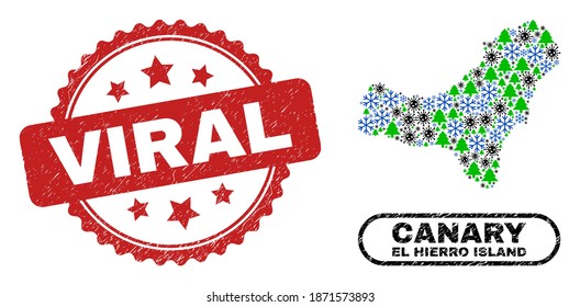 Vector Covid-2019 Neujahr Kombination El Hierro Island Karte und Viral strukturierte Briefmarkenprint. Der virale Aufdruck verwendet Rosette und rote Farbe.