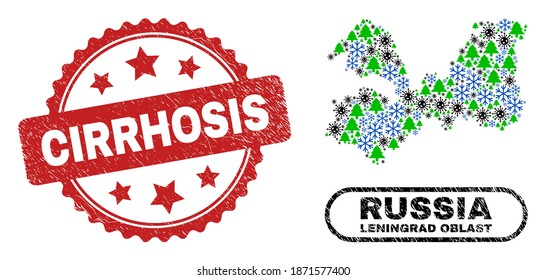 Vector Covid-2019 Neujahrskarte Leningrad Region Karte und Cirrhosis gekratzte Wasserzeichen. Cirrhosis Wasserzeichen verwendet Rosette Form und rote Farbe.