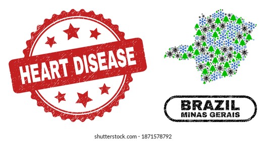 Vector Covid-2019 New Year combination Minas Gerais State map and Heart Disease scratched watermark. Heart Disease seal uses rosette shape and red color.