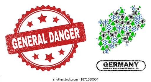 Vector Covid-2019 New Year combination North Rhine-Westphalia Land map and General Danger scratched stamp. General Danger imprint uses rosette shape and red color.