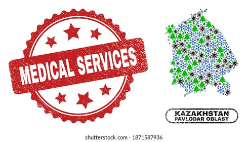 Vector Covid-2019 Neujahr Kombination Pavlodar Region Karte und medizinische Dienstleistungen korrodierte Wasserzeichen. Medical Services Siegel verwendet Rosette Form und rote Farbe.
