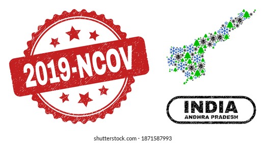 Vector Covid-2019 New Year combination Andhra Pradesh State map and 2019-Ncov dirty stamp seal. 2019-Ncov imprint uses rosette shape and red color.