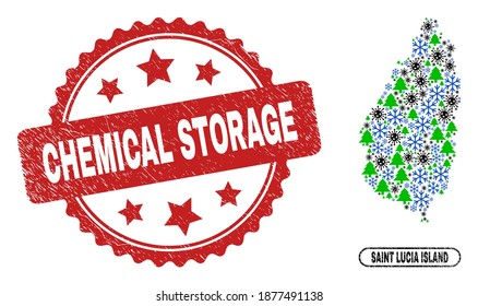 Vector Covid-2019 New Year combination Saint Lucia Island map and Chemical Storage corroded stamp. Chemical Storage watermark uses rosette shape and red color.