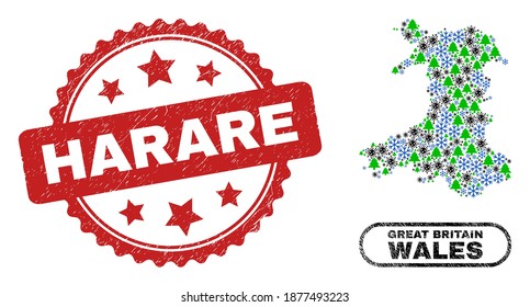 Vector Covid-2019 New Year combination Wales map and Harare unclean seal. Harare seal uses rosette shape and red color. Mosaic Wales map is constructed with random Covid, snow, New Year Tree symbols.