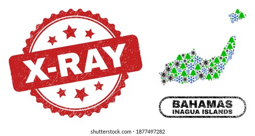 Vector Covid-2019 New Year combination Inagua Islands map and X-Ray grunge stamp seal. X-Ray watermark uses rosette shape and red color. Collage Inagua Islands map is composed from random covid,