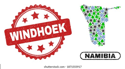 Vector Covid-2019 New Year composition Namibia map and Windhoek textured stamp print. Windhoek stamp seal uses rosette shape and red color. Collage Namibia map is formed from randomized Covid,
