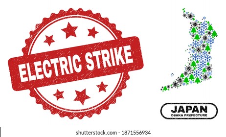 Vector Covid-2019 New Year composition Osaka Prefecture map and Electric Strike textured stamp seal. Electric Strike stamp seal uses rosette shape and red color.