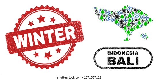 Vector Covid-2019 New Year composition Bali map and Winter rubber stamp seal. Winter stamp uses rosette shape and red color. Collage Bali map is organized from scattered coronavirus, snowflake,