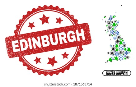 Vector Covid-2019 New Year composition Great Britain map and Edinburgh scratched stamp seal. Edinburgh seal uses rosette shape and red color. Collage Great Britain map is composed from random Covid,