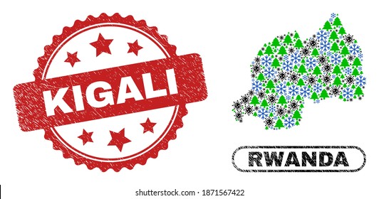 Vector Covid-2019 Neujahr Komposition Ruanda Karte und Kigali schmutzigen Siegel. Kigali imprint verwendet Rosette-Form und rote Farbe. Mosaik-Ruanda-Karte ist mit verstreuten Covid, Schneeflocken,