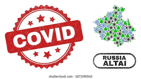 Vector Covid-2019 New Year composition Altai Republic map and Covid dirty stamp print. Covid imprint uses rosette shape and red color. Collage Altai Republic map is formed with scattered virus, snow,