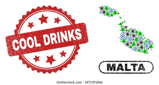 Vector Covid-2019 New Year composition Malta map and Cool Drinks grunge stamp seal. Cool Drinks seal uses rosette shape and red color. Collage Malta map is made of scattered infection, snowflake,