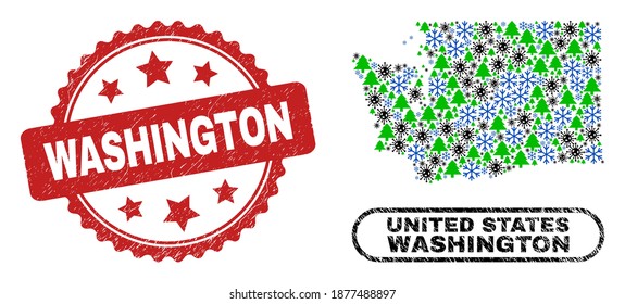 Composición de Año Nuevo del Vector Covid-2019 Mapa del estado de Washington y estampilla de Washington. El sello de Washington usa forma de rosette y color rojo. El mapa del estado de Washington Collage está organizado a partir de una copia aleatoria.