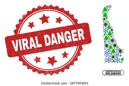 Composición de Año Nuevo del Vector Covid-2019 Mapa del estado de Delaware y sello texturado de Peligro Viral. La marca de agua Viral Danger utiliza la forma de rosette y el color rojo.