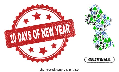 Vector Covid-2019 New Year mosaic Guyana map and 10 Days of New Year grunge stamp imitation. 10 Days of New Year watermark uses rosette shape and red color.
