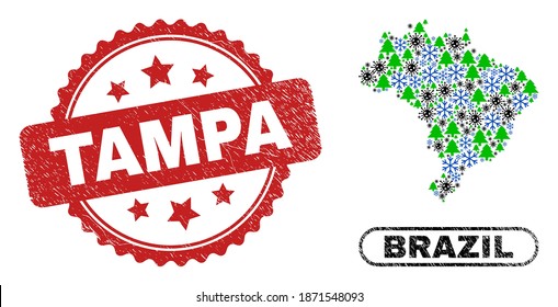 Mapa del mosaico del Vector Covid-2019 en Brasil y imitación del sello sucio Tampa. El sello Tampa usa forma de rosette y color rojo. Collage Brazil map está organizado de virus SARS dispersos, copo de nieve,