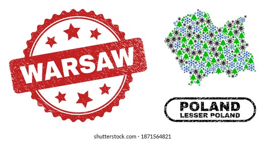 Vector Covid-2019 New Year mosaic Lesser Poland Voivodeship map and Warsaw rubber stamp. Warsaw stamp uses rosette shape and red color.