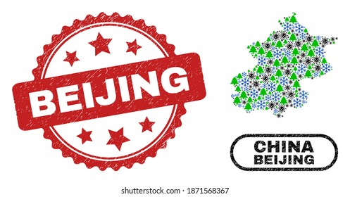 Vector Covid-2019 New Year mosaic Beijing City map and Beijing grunge seal. Beijing stamp seal uses rosette shape and red color. Collage Beijing City map is formed with random Covid, snow flake,